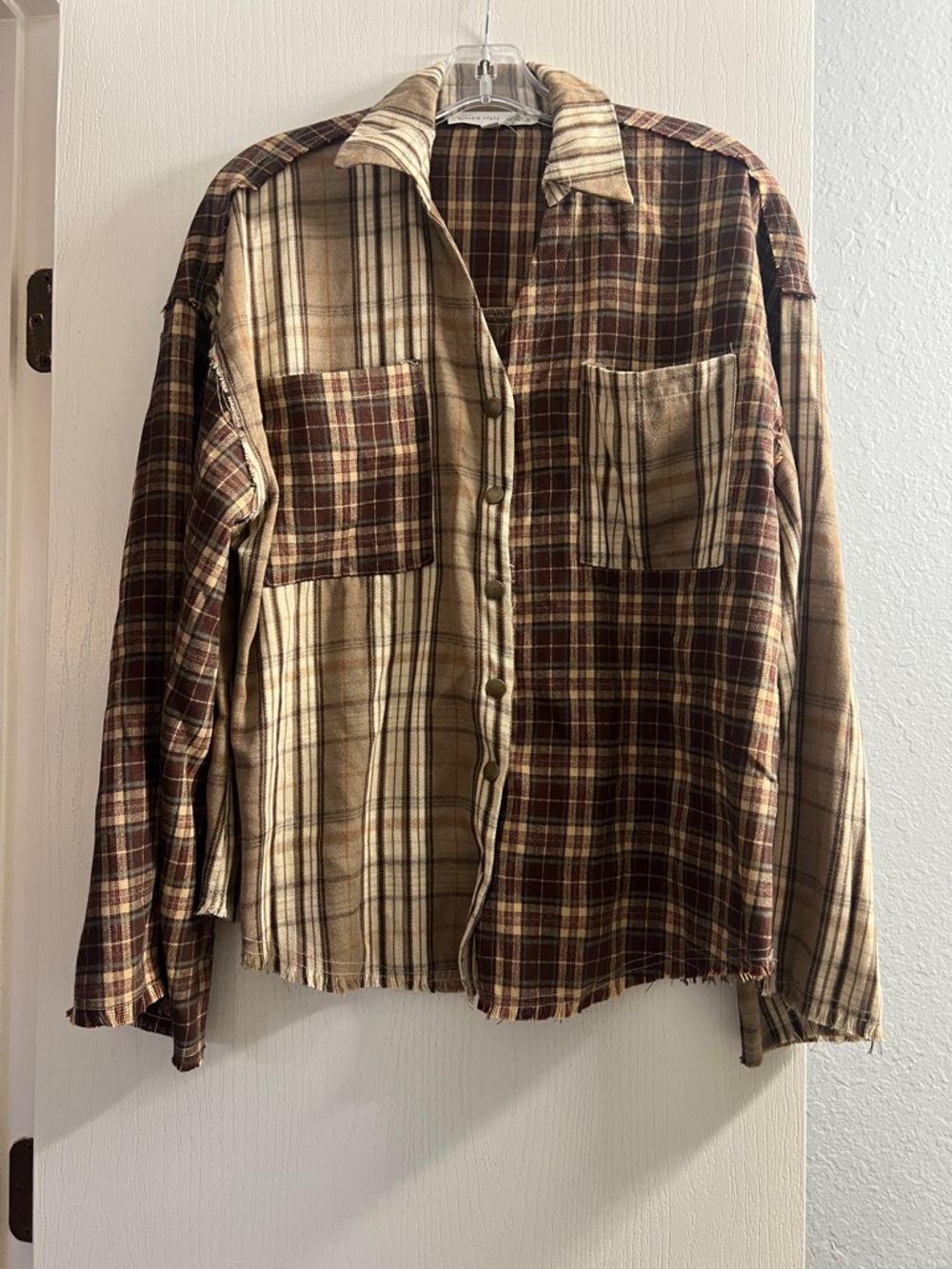 Altar'd State Two-Tone Brown & Cream Plaid Shirt Jacket